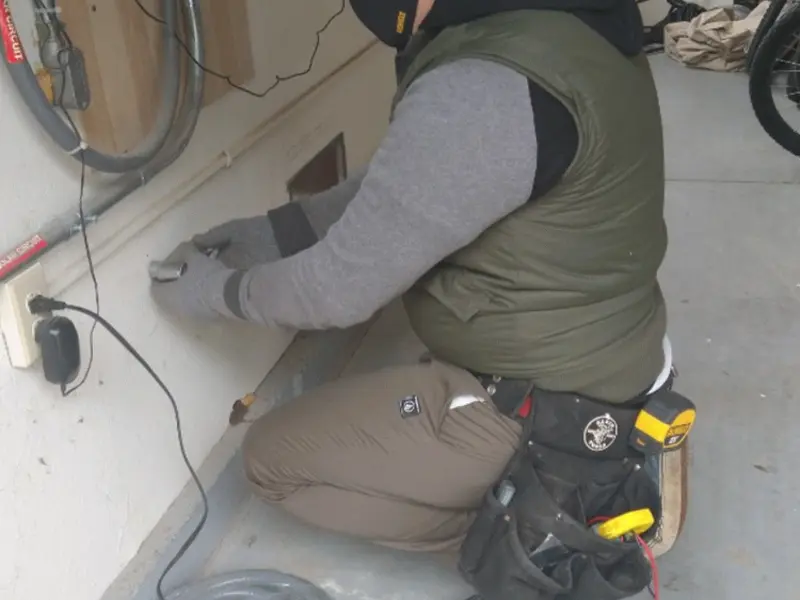 Electrician performing outlet wiring in a Denver garage